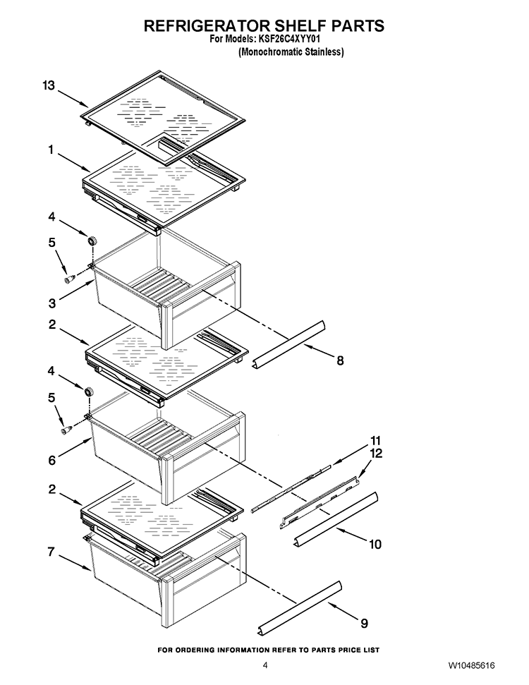 REFRIGERATOR SHELF PARTS Diagram and Parts List for KSF26C4XYY01  KitchenAid Refrigerator
