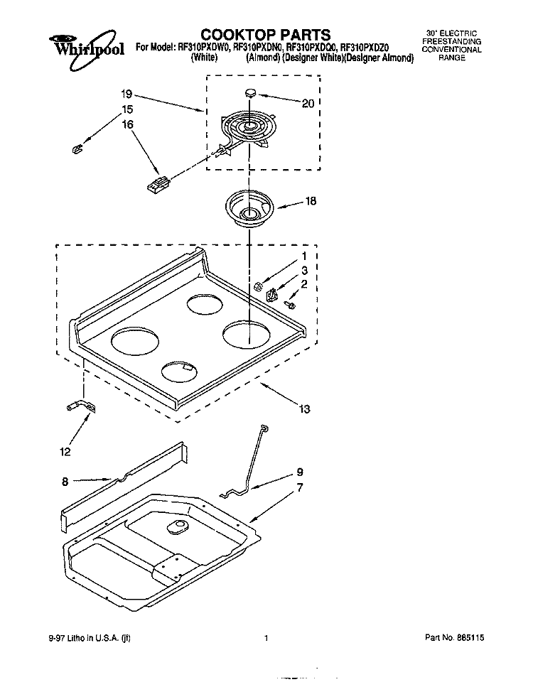 COOKTOP Diagram and Parts List for RF310PXDN0  Whirlpool Range