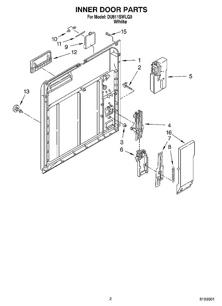 INNER DOOR PARTS Diagram and Parts List for DU811SWLQ0  Whirlpool Dishwasher