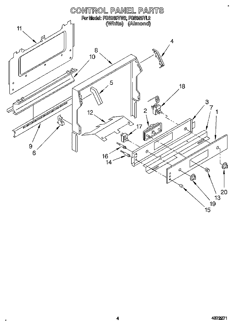 CONTROL PANEL Diagram and Parts List for FGS385YW2  Roper Range