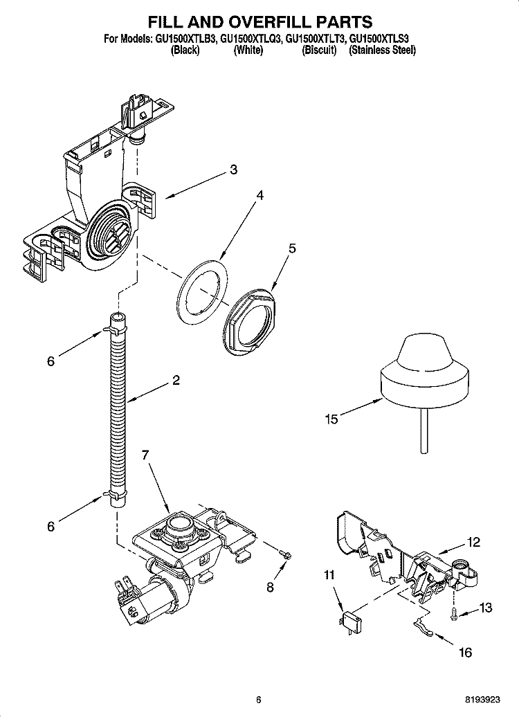 FILL AND OVERFILL PARTS Diagram and Parts List for GU1500XTLQ3  Whirlpool Dishwasher