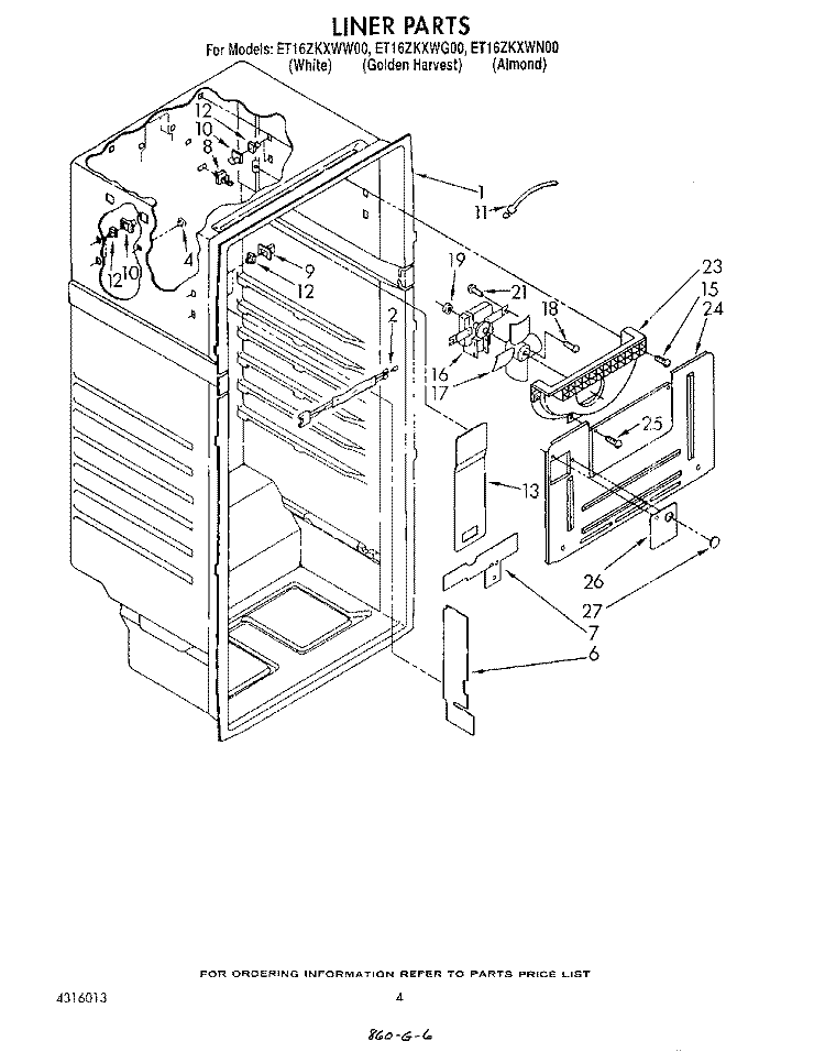 LINER Diagram and Parts List for ET16ZKXWW00  Whirlpool Refrigerator