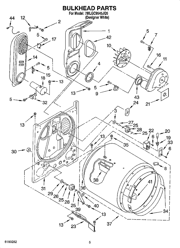 BULKHEAD PARTS Diagram and Parts List for 7MLGC9545JQ5  Whirlpool Dryer