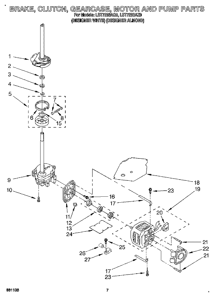 BRAKE, CLUTCH, GEARCASE, MOTOR & PUMP Diagram and Parts List for LST7233AQ0  Whirlpool Washer