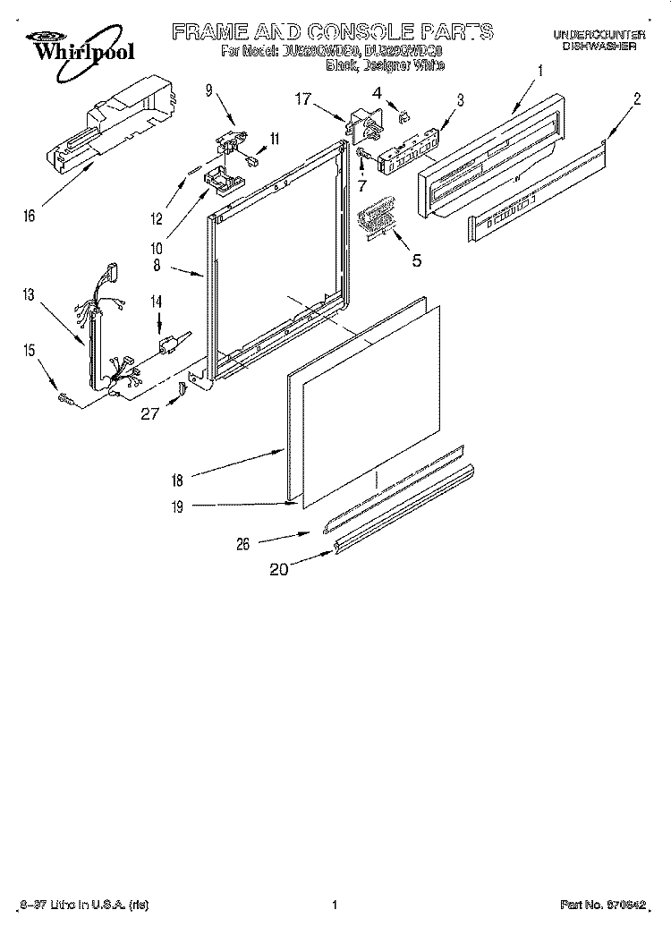 FRAME AND CONSOLE Diagram and Parts List for DU929QWDB0  Whirlpool Dishwasher