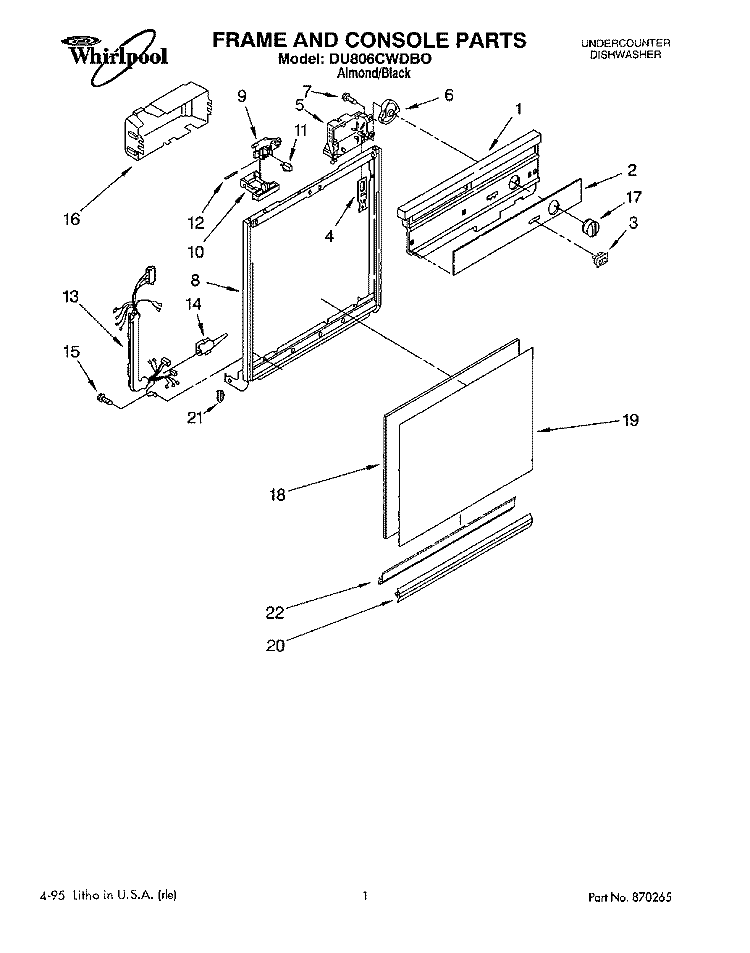 FRAME AND CONSOLE Diagram and Parts List for DU806CWDB0  Whirlpool Dishwasher
