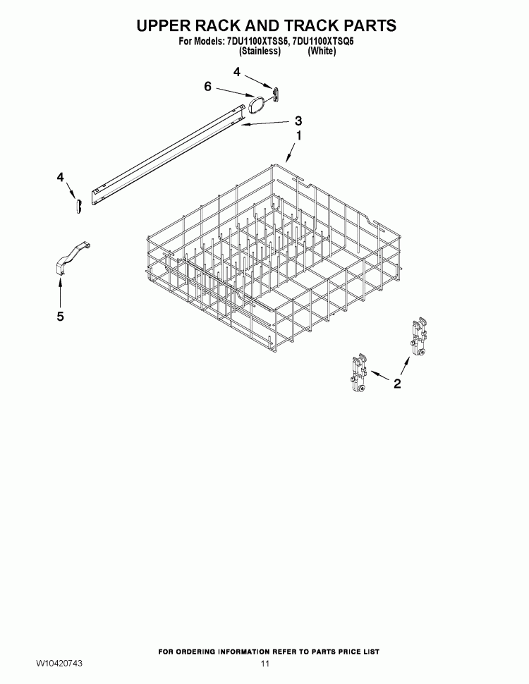 UPPER RACK AND TRACK PARTS Diagram and Parts List for 7DU1100XTSS5  Whirlpool Dishwasher