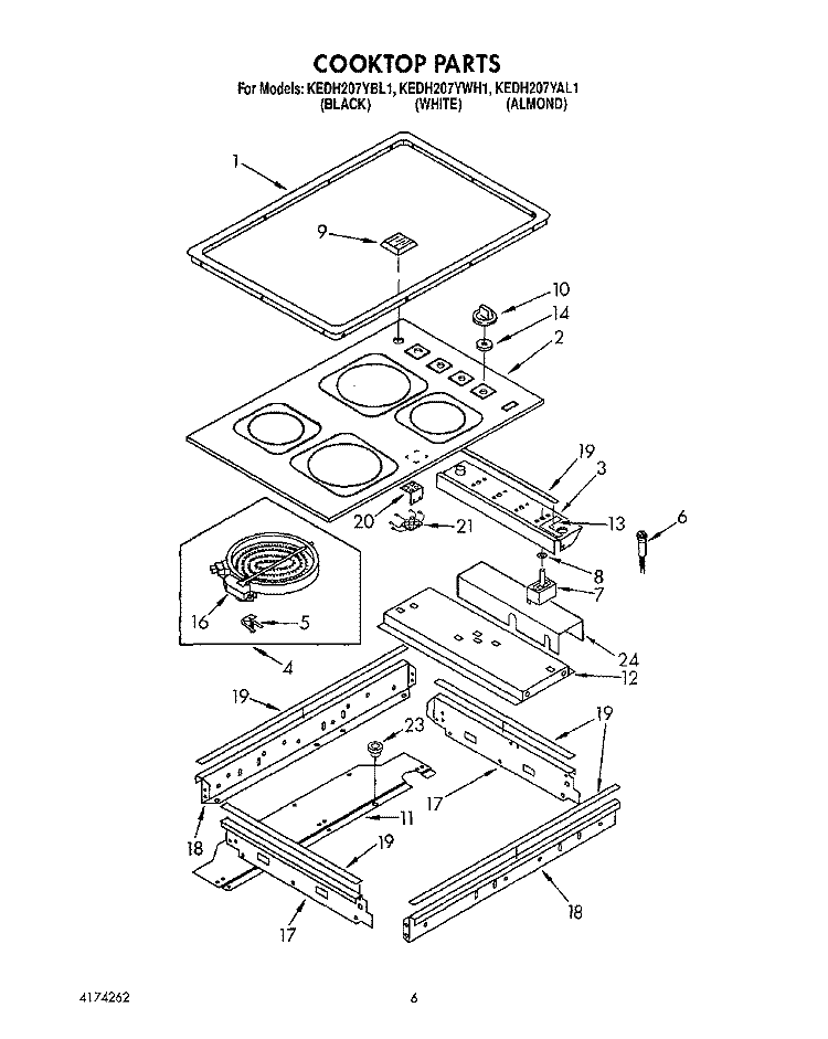 COOKTOP, LIT/OPTIONAL Diagram and Parts List for KEDH207YBL1  KitchenAid Range