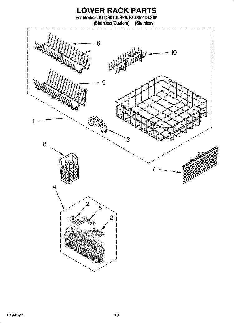 LOWER RACK PARTS Diagram and Parts List for KUDS01DLSP6  KitchenAid Dishwasher