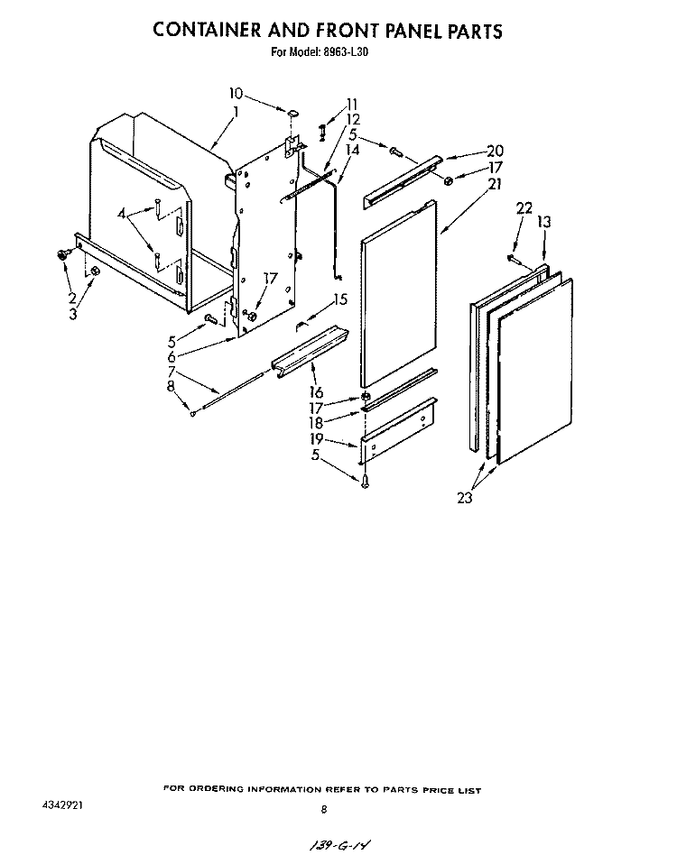 CONTAINER AND FRONT PANEL , LIT/OPTIONAL Diagram and Parts List for 8963L30  Roper Trash Compactor