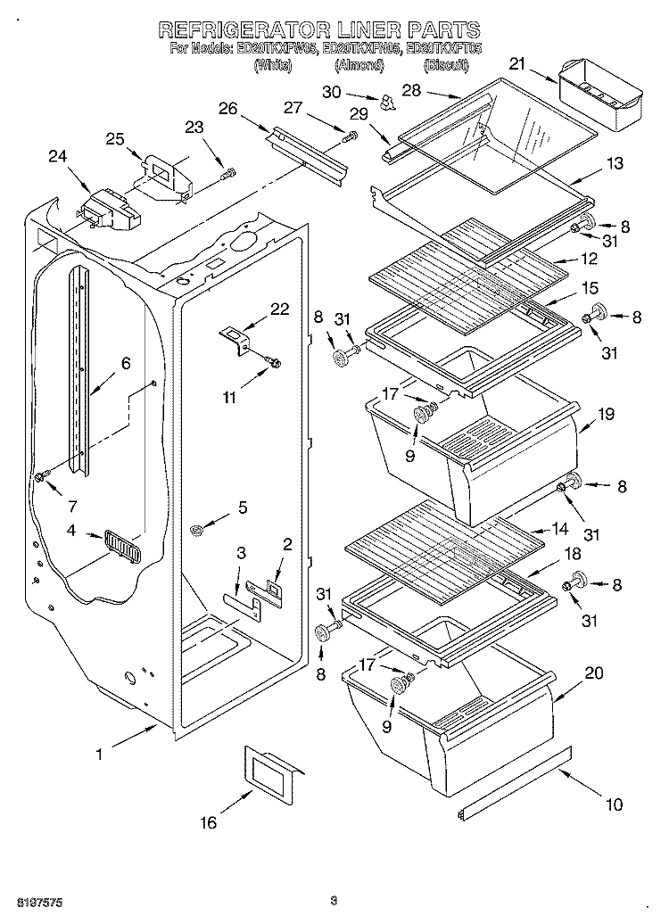 REFRIGERATOR LINER Diagram and Parts List for ED20TKXFN05  Whirlpool Refrigerator