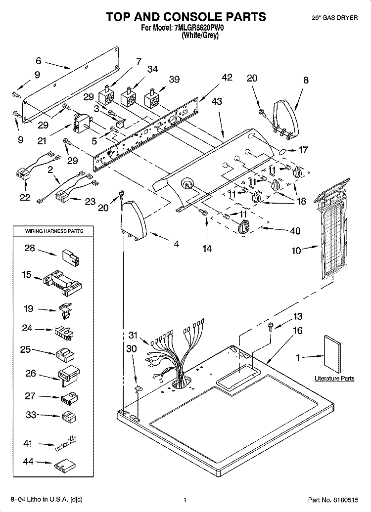 TOP AND CONSOLE PARTS Diagram and Parts List for 7MLGR8620PW0  Whirlpool Dryer