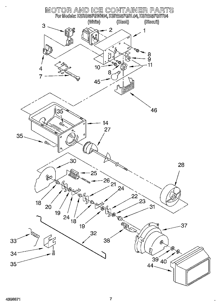 MOTOR AND ICE CONTAINER Diagram and Parts List for KSRS25FGBT04  KitchenAid Refrigerator