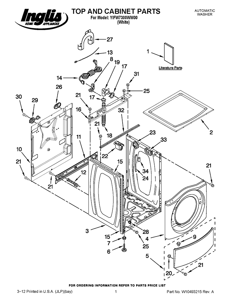 TOP AND CABINET PARTS Diagram and Parts List for YIFW7300WW00  Inglis Washer
