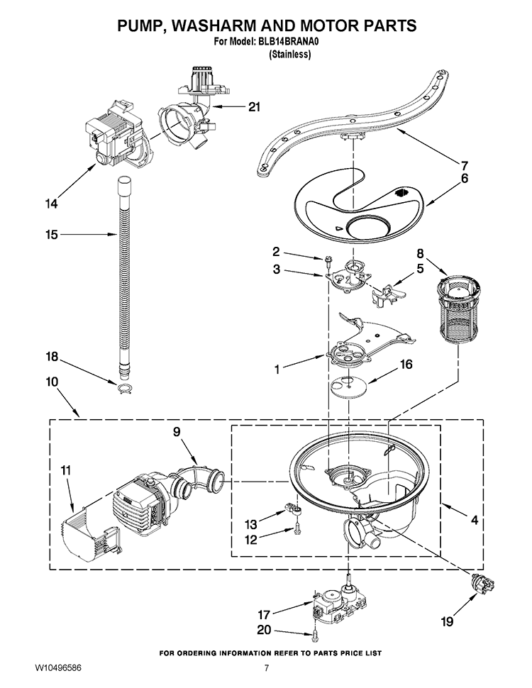 PUMP, WASHARM AND MOTOR PARTS Diagram and Parts List for BLB14BRANA0  Whirlpool Dishwasher