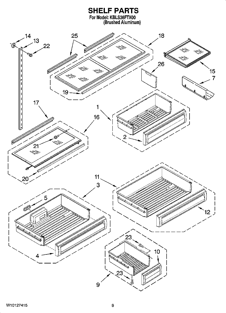 SHELF PARTS Diagram and Parts List for KBLS36FTX00  KitchenAid Refrigerator