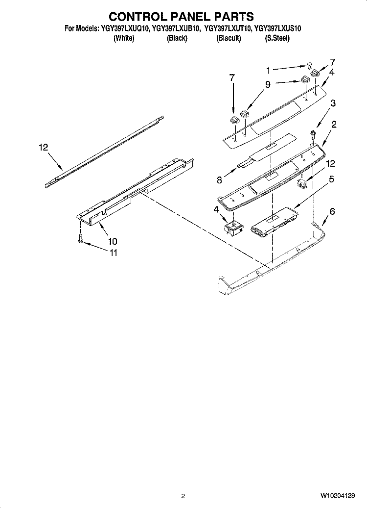CONTROL PANEL PARTS Diagram and Parts List for YGY397LXUB10  Whirlpool Range