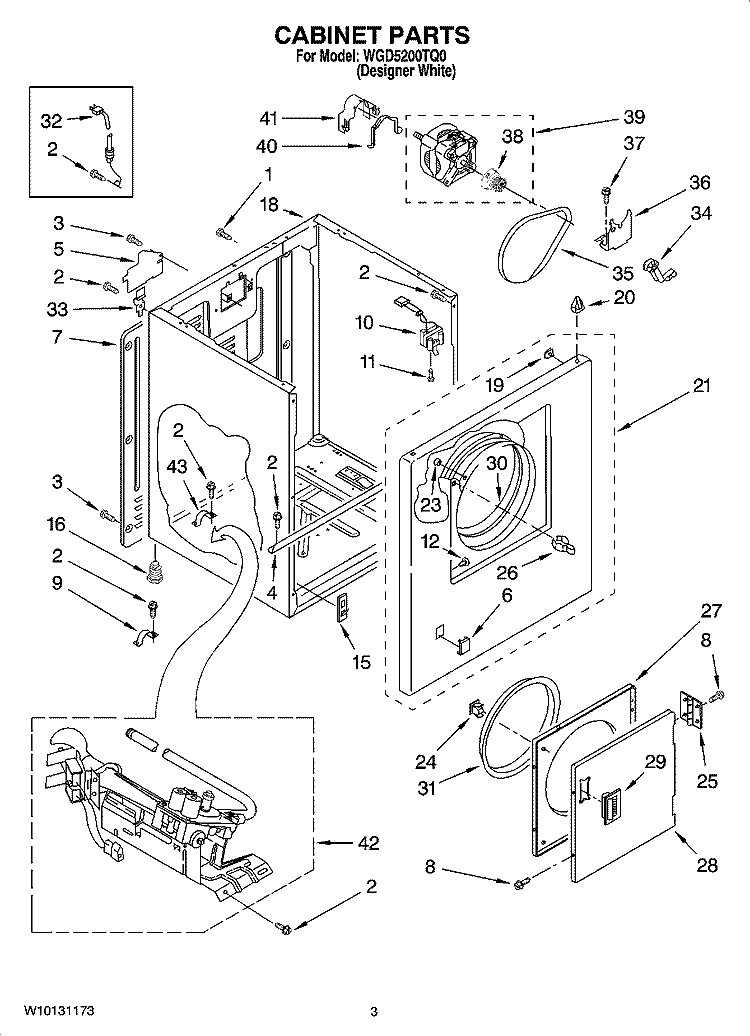 CABINET PARTS Diagram and Parts List for WGD5200TQ0  Whirlpool Dryer