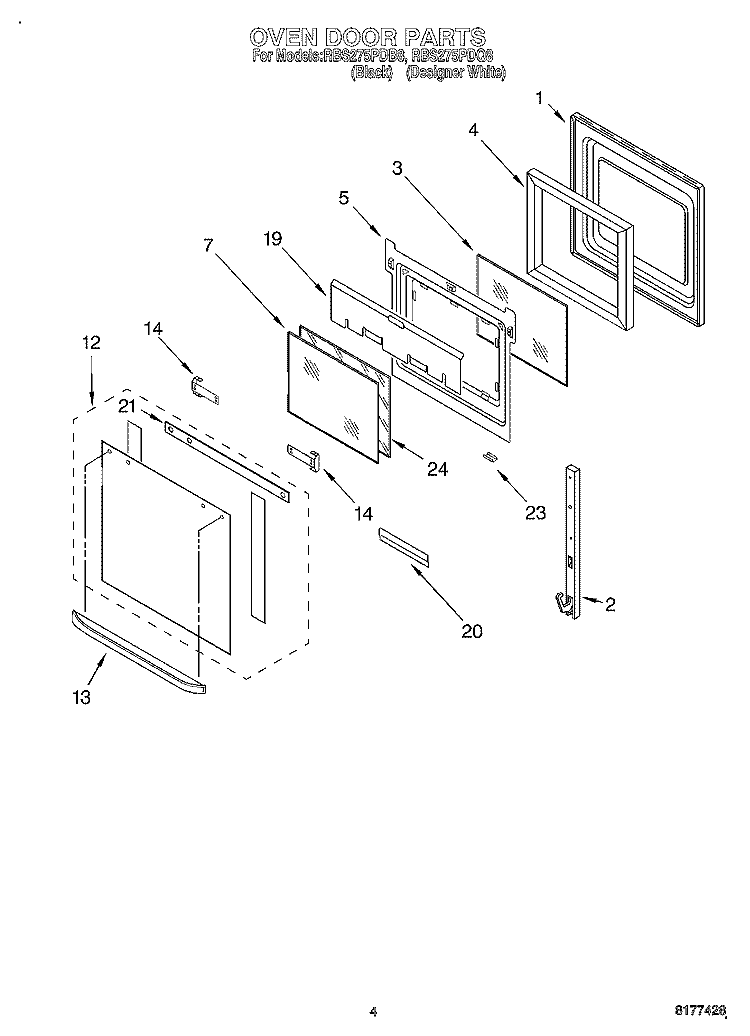 OVEN DOOR Diagram and Parts List for RBS275PDB8  Whirlpool Wall Oven