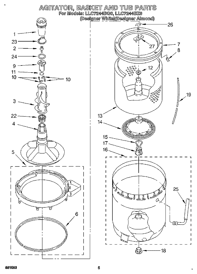 AGITATOR, BASKET AND TUB Diagram and Parts List for LLC7244BZ0  Whirlpool Washer