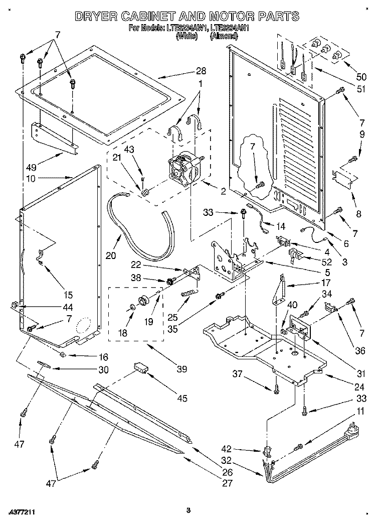 DRYER CABINET AND MOTOR Diagram and Parts List for LTE6234AW1  Whirlpool Washer Dryer Combo