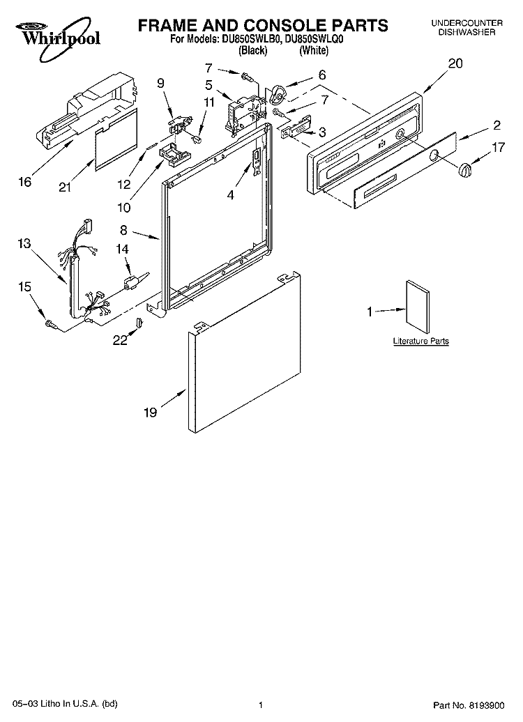 FRAME AND CONSOLE PARTS Diagram and Parts List for DU850SWLQ0  Whirlpool Dishwasher