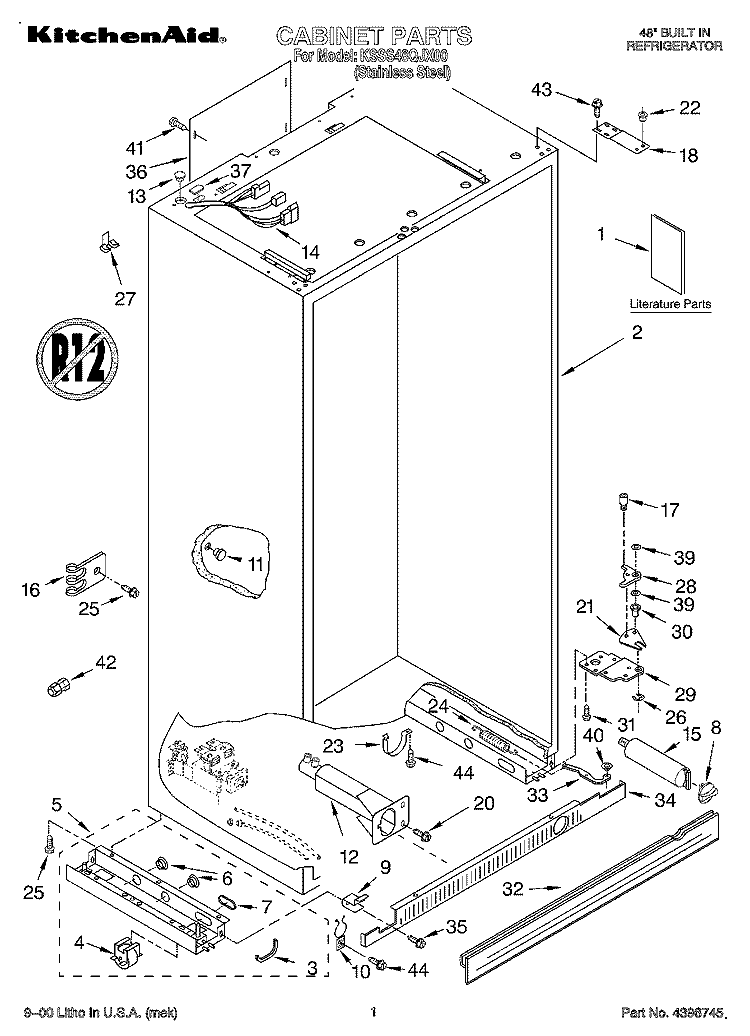 CABINET, LITERATURE Diagram and Parts List for KSSS48QJX00  KitchenAid Refrigerator