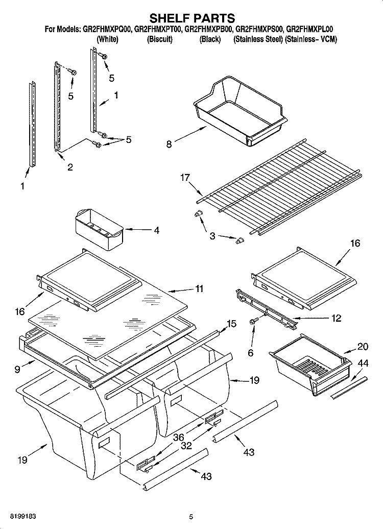 SHELF PARTS Diagram and Parts List for GR2FHMXPT00  Whirlpool Refrigerator
