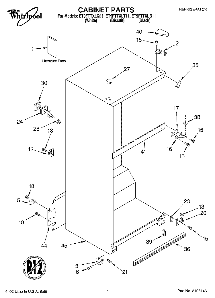 CABINET, LITERATURE Diagram and Parts List for ET9FTTXLQ11  Whirlpool Refrigerator