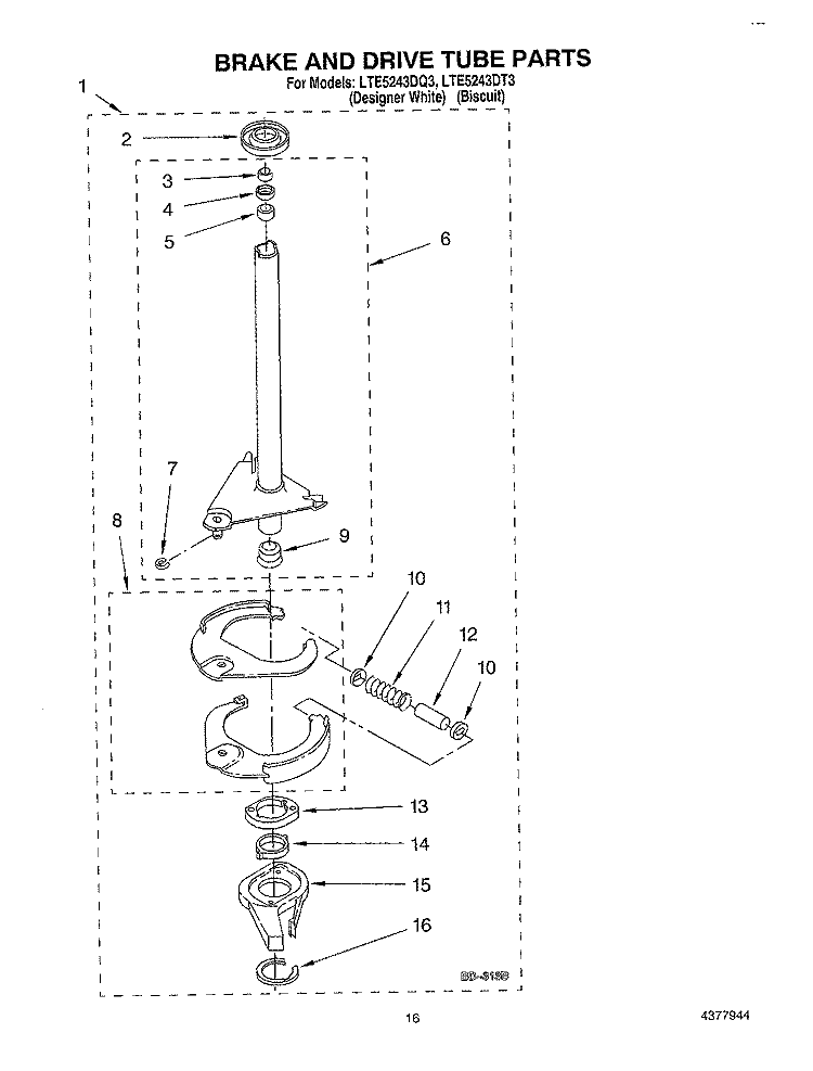 BRAKE AND DRIVE TUBE Diagram and Parts List for LTE5243DQ3  Whirlpool Washer Dryer Combo