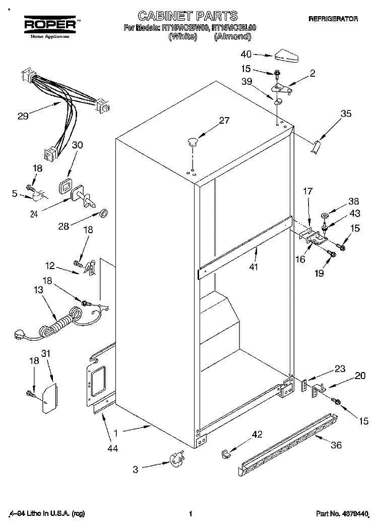 CABINET Diagram and Parts List for RT16VKXBL00  Roper Refrigerator
