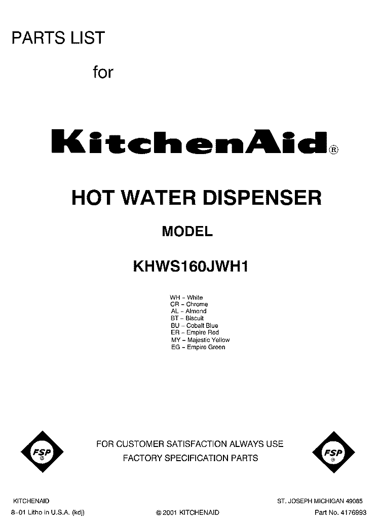 FRONT COVER Diagram and Parts List for KHWS160JWH1  KitchenAid Miscellaneous