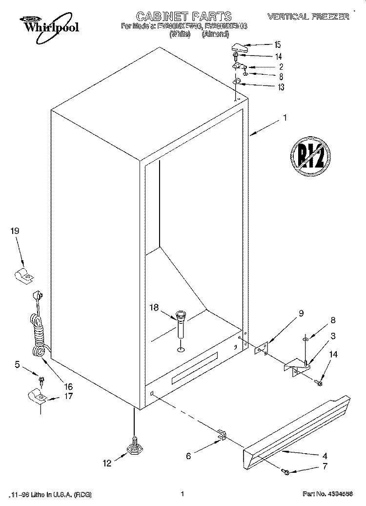 CABINET, LIT/OPTIONAL Diagram and Parts List for EV200NXEN03  Whirlpool Freezer