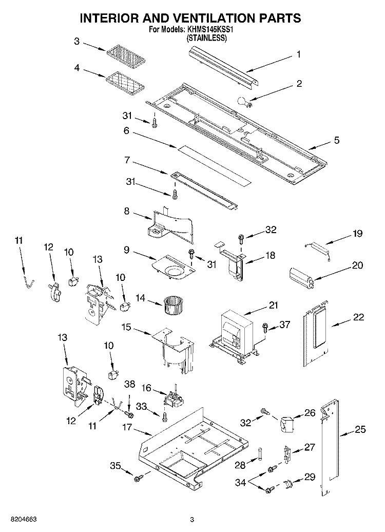 INTERIOR AND VENTILATION PARTS Diagram and Parts List for KHMS145KSS1  KitchenAid Microwave