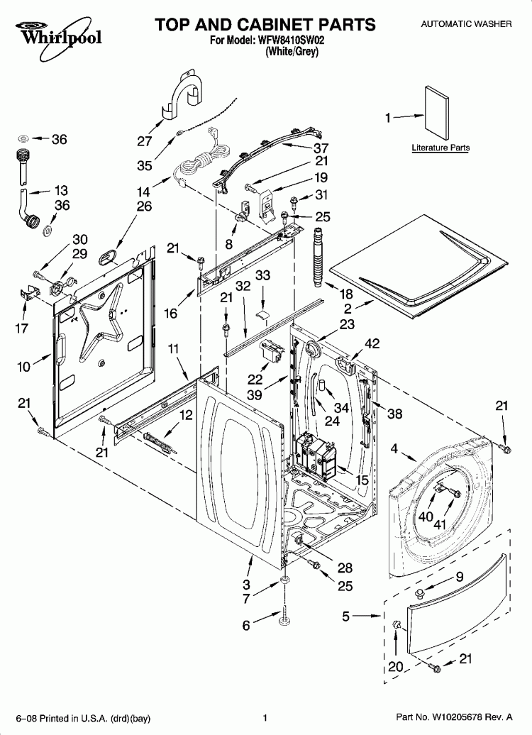 TOP AND CABINET PARTS Diagram and Parts List for WFW8410SW02  Whirlpool Washer