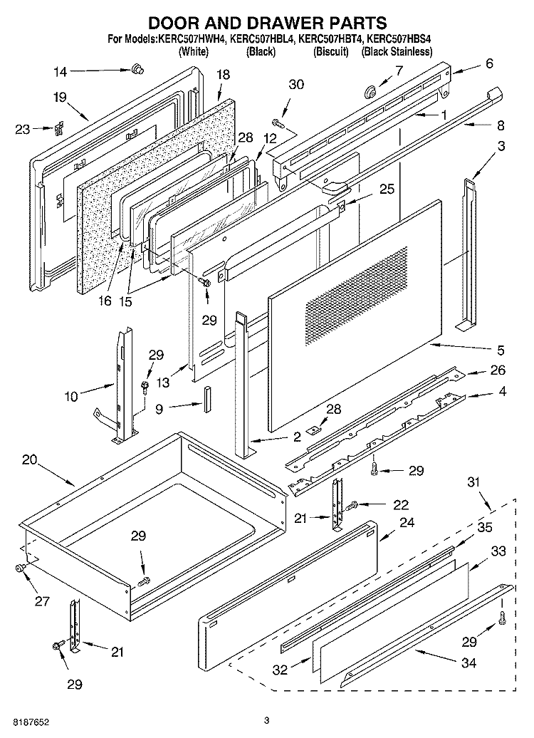 DOOR AND DRAWER Diagram and Parts List for KERC507HBS4  KitchenAid Range
