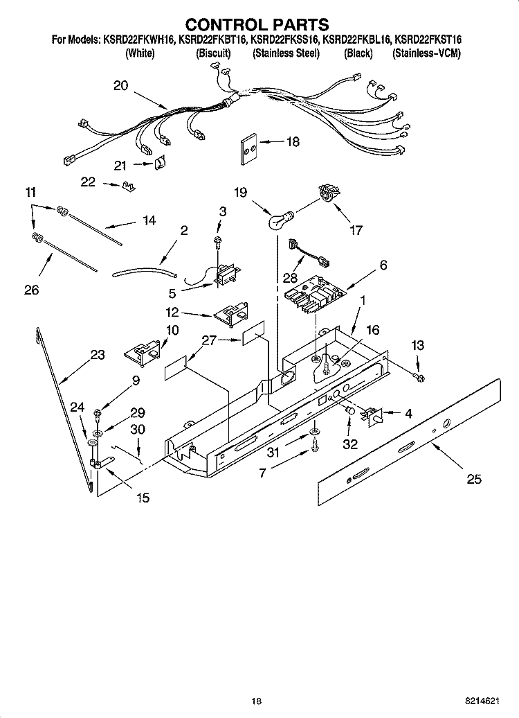 CONTROL PARTS Diagram and Parts List for KSRD22FKBL16  KitchenAid Refrigerator