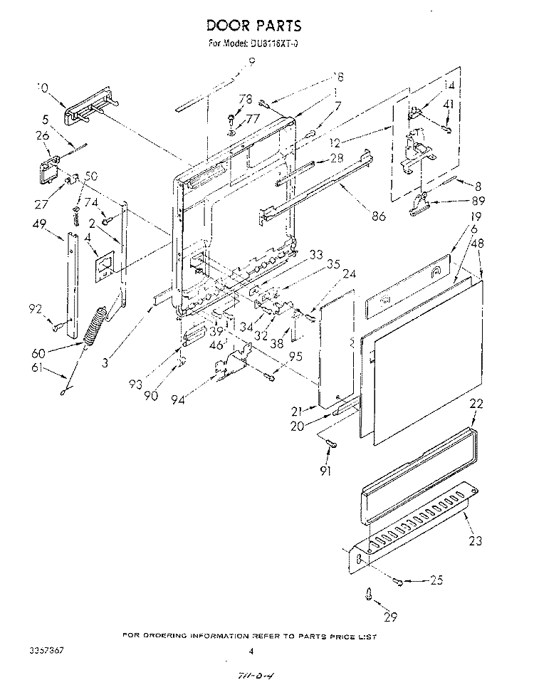 DOOR Diagram and Parts List for DU8116XT0  Whirlpool Dishwasher