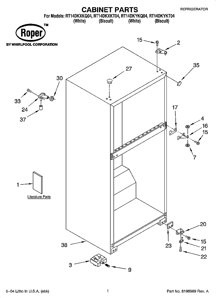 CABINET PARTS Diagram and Parts List for RT14DKXKQ04  Roper Refrigerator