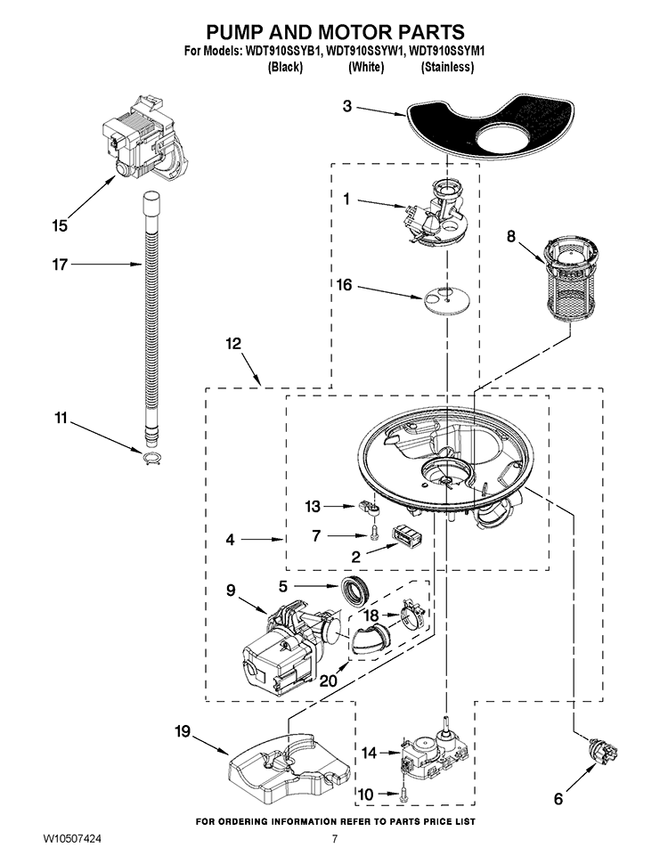 PUMP AND MOTOR PARTS Diagram and Parts List for WDT910SSYW1  Whirlpool Dishwasher