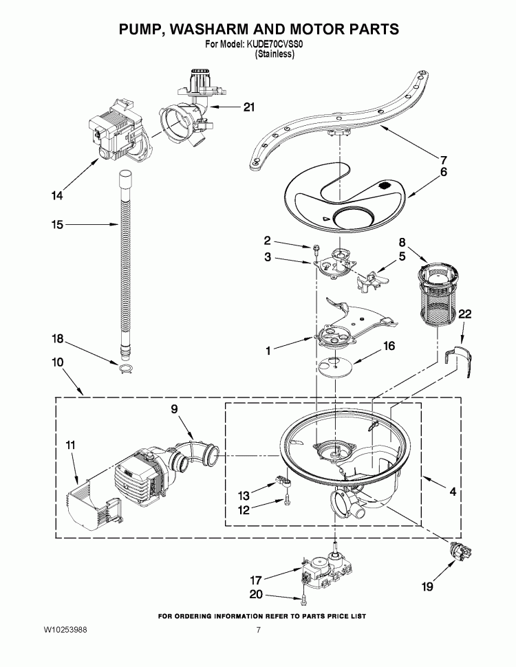 PUMP, WASHARM AND MOTOR PARTS Diagram and Parts List for KUDE70CVSS0  KitchenAid Dishwasher