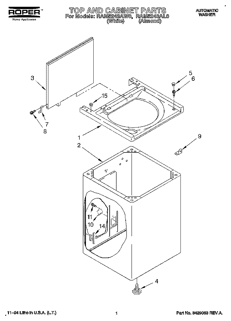 TOP AND CABINET, LIT/OPTIONAL Diagram and Parts List for RAM5243AL0  Whirlpool Washer