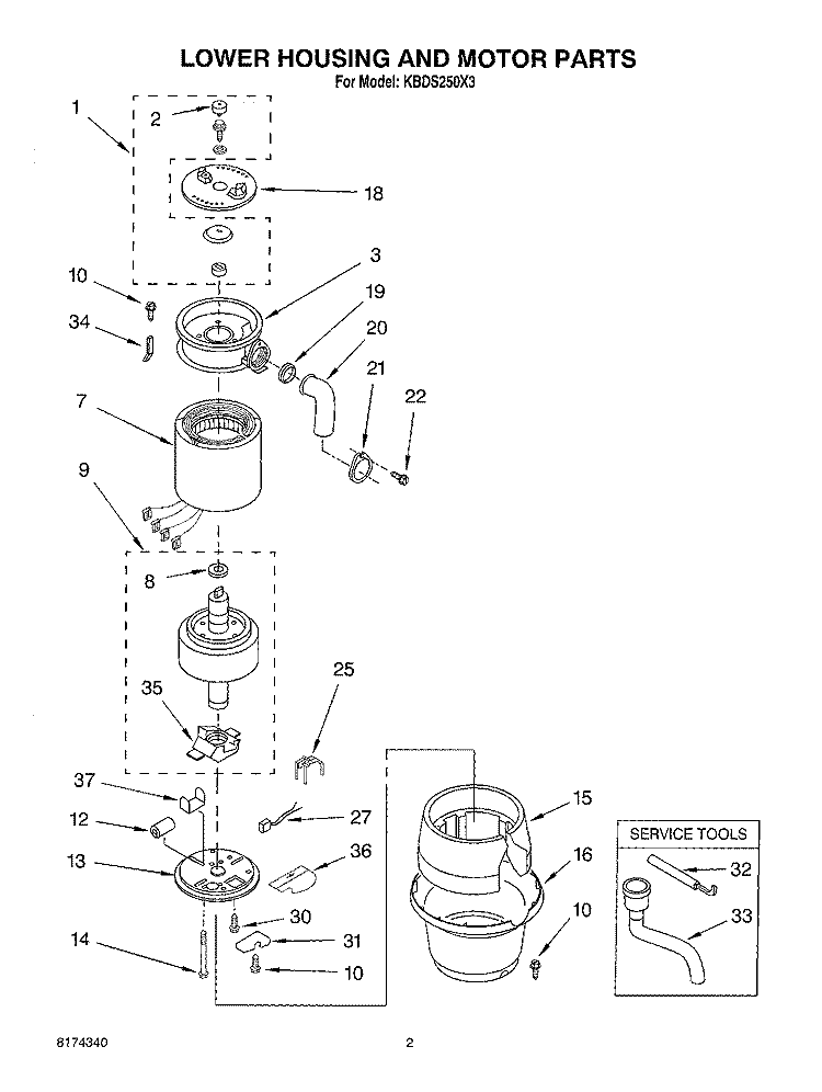 LOWER HOUSING AND MOTOR PARTS Diagram and Parts List for KBDS250X3  KitchenAid Food Waste Disposer