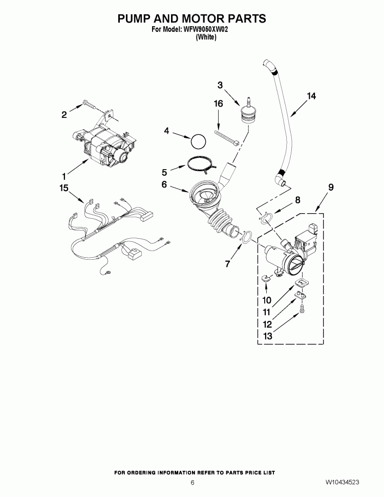 PUMP AND MOTOR PARTS Diagram and Parts List for WFW9050XW02  Whirlpool Washer