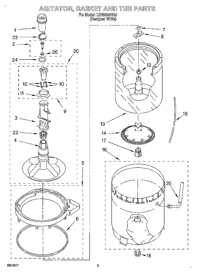 AGITATOR, BASKET AND TUB Diagram and Parts List for LSH9264HQ0  Whirlpool Washer