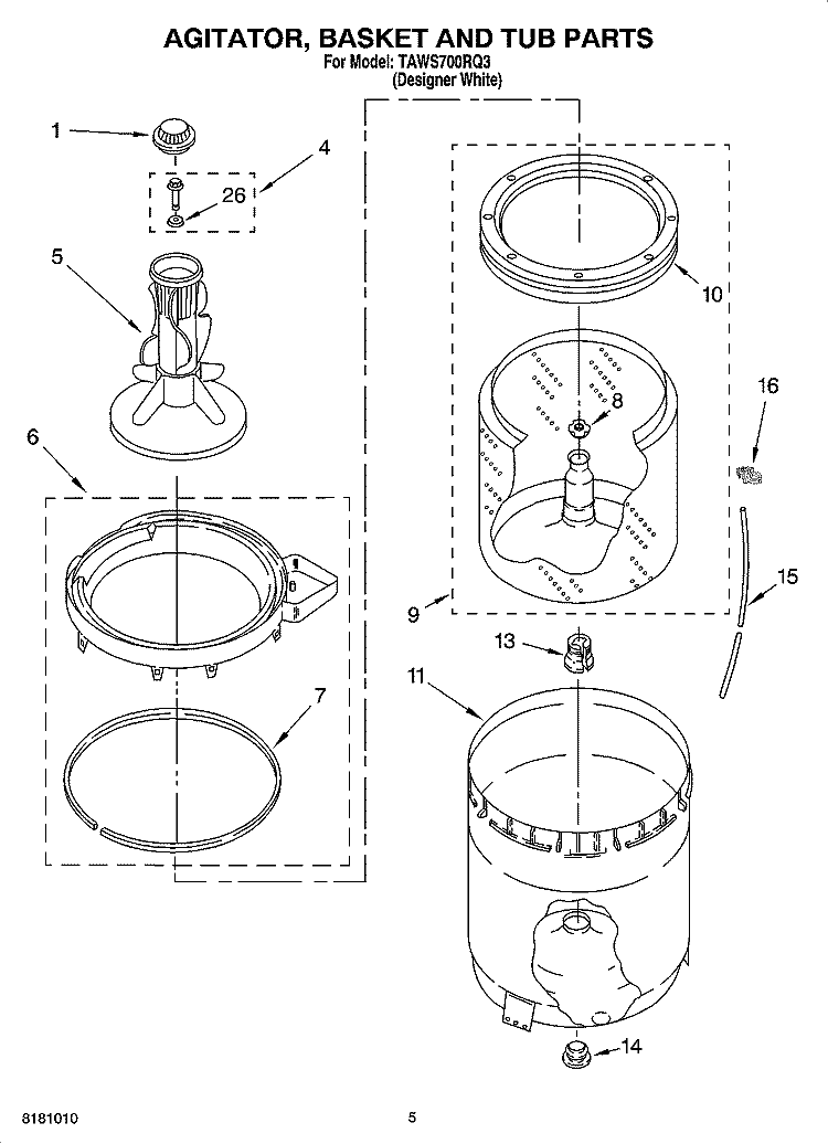 AGITATOR, BASKET AND TUB PARTS Diagram and Parts List for TAWS700RQ3  Estate Washer