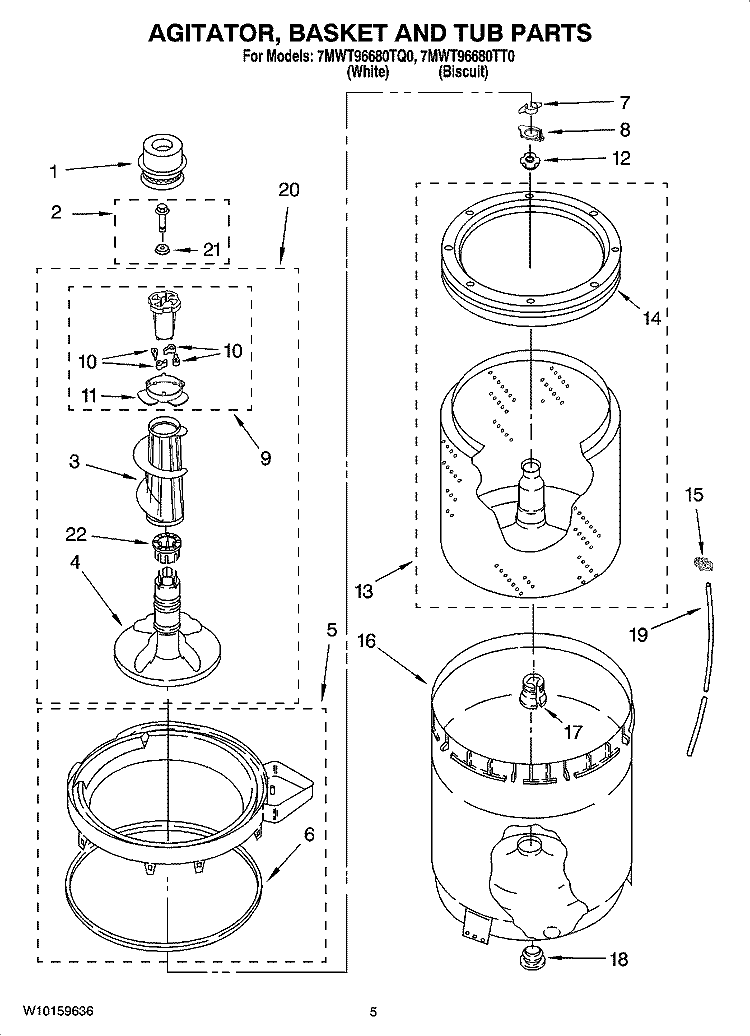 AGITATOR, BASKET AND TUB PARTS Diagram and Parts List for 7MWT96680TT0  Whirlpool Washer