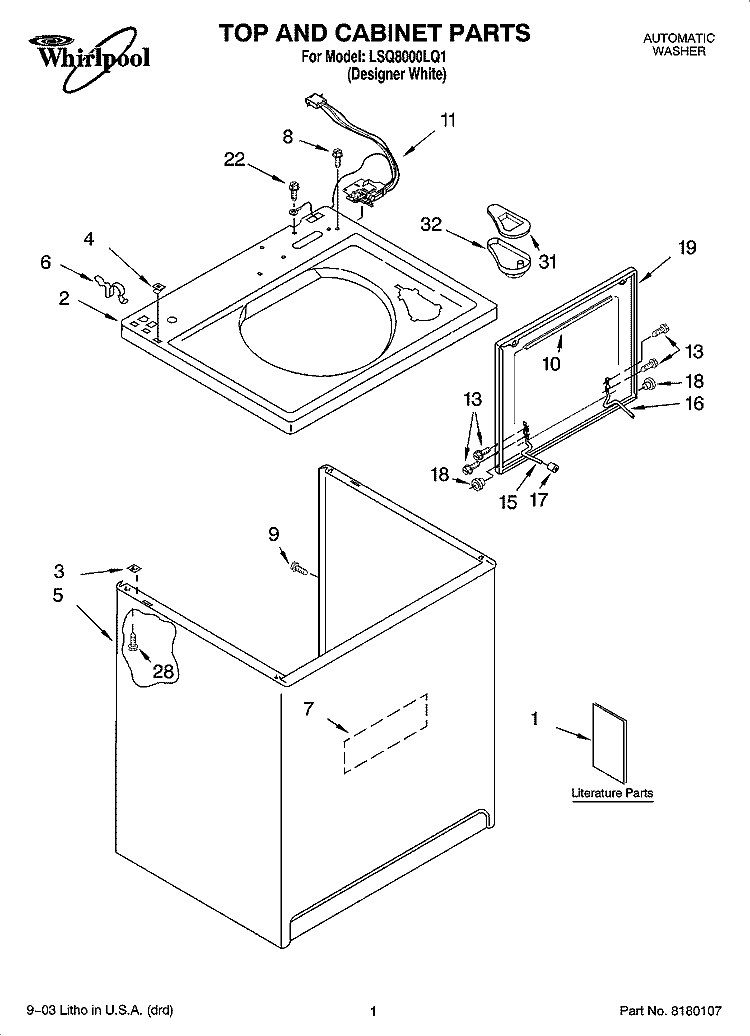 TOP AND CABINET PARTS Diagram and Parts List for LSQ8000LQ1  Whirlpool Washer