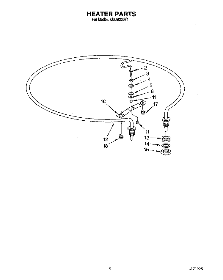 HEATER Diagram and Parts List for KUDD230Y1  KitchenAid Dishwasher
