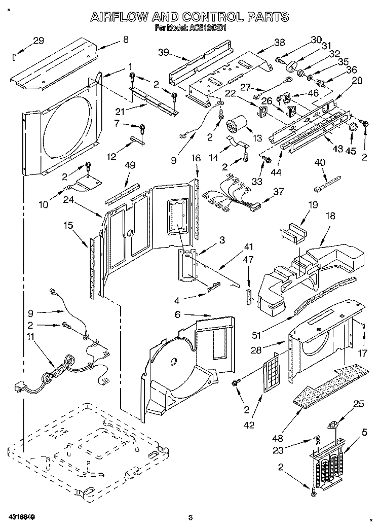 AIRFLOW AND CONTROL Diagram and Parts List for ACE124XD1  Whirlpool Air Conditioner